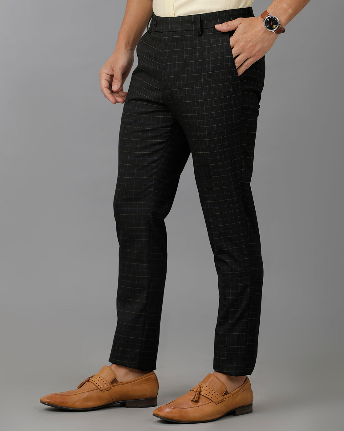 Grey Formal Checks Cotton Lycra Trouser