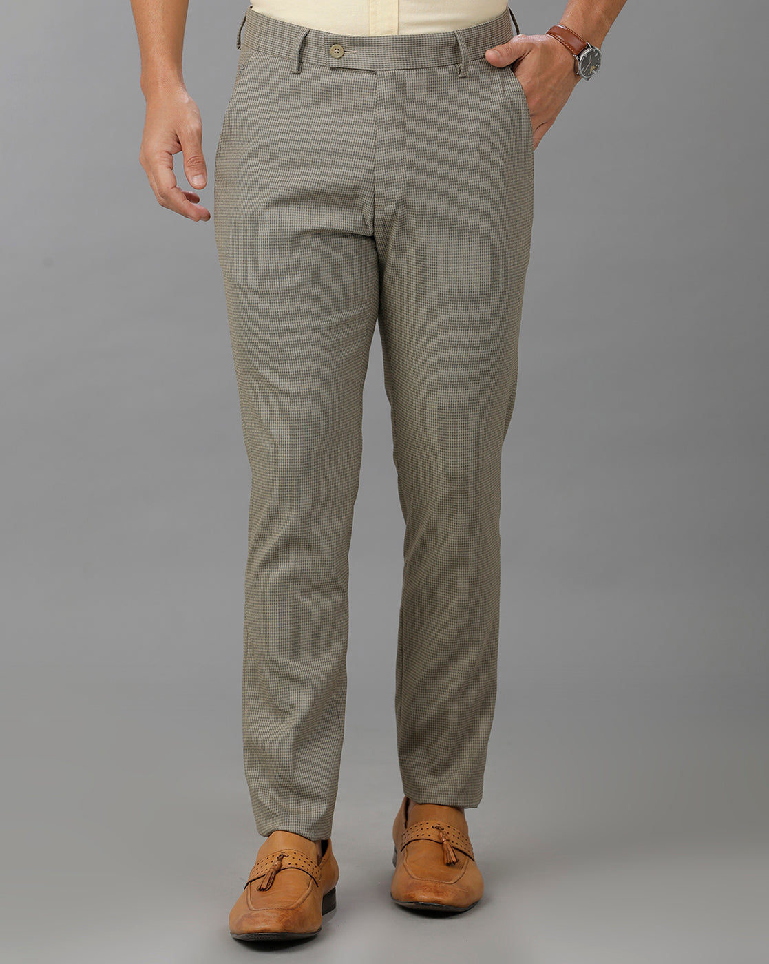 Khaki/Green Formal Checks Cotton Lycra Trouser