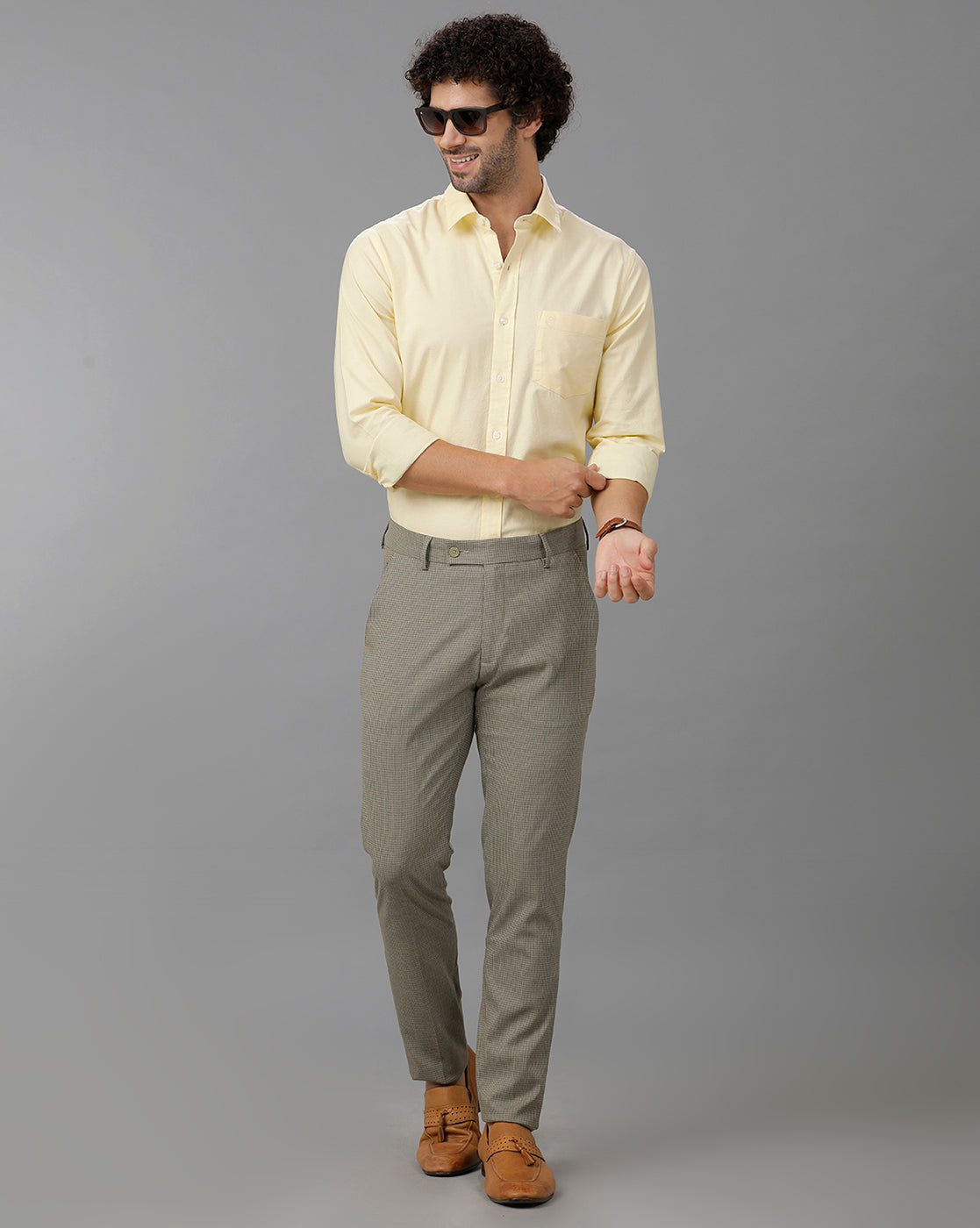 Khaki/Green Formal Checks Cotton Lycra Trouser