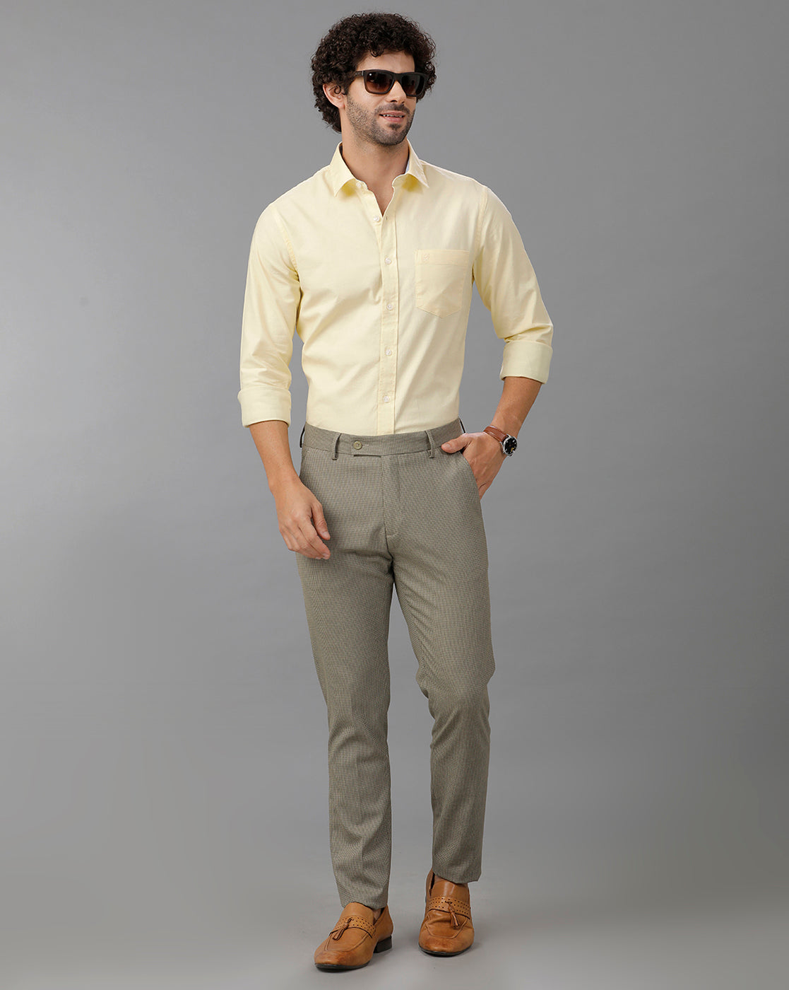 Khaki/Green Formal Checks Cotton Lycra Trouser