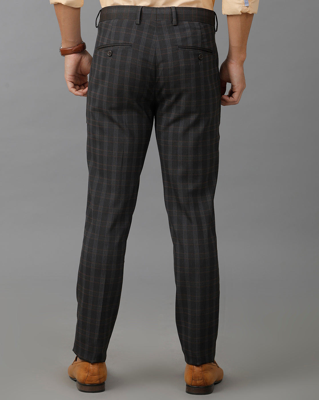 Brown Formal Checks Cotton Lycra Trouser