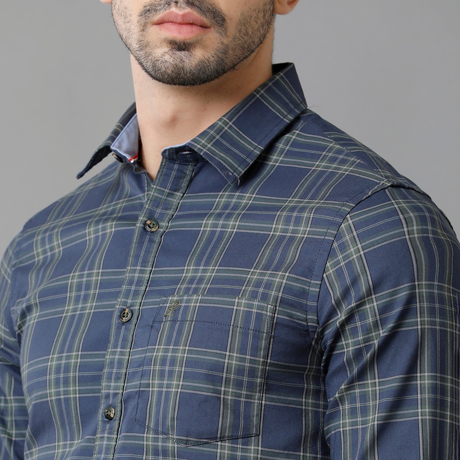 Navy Blue and Green Cotton Lycra Checks shirt