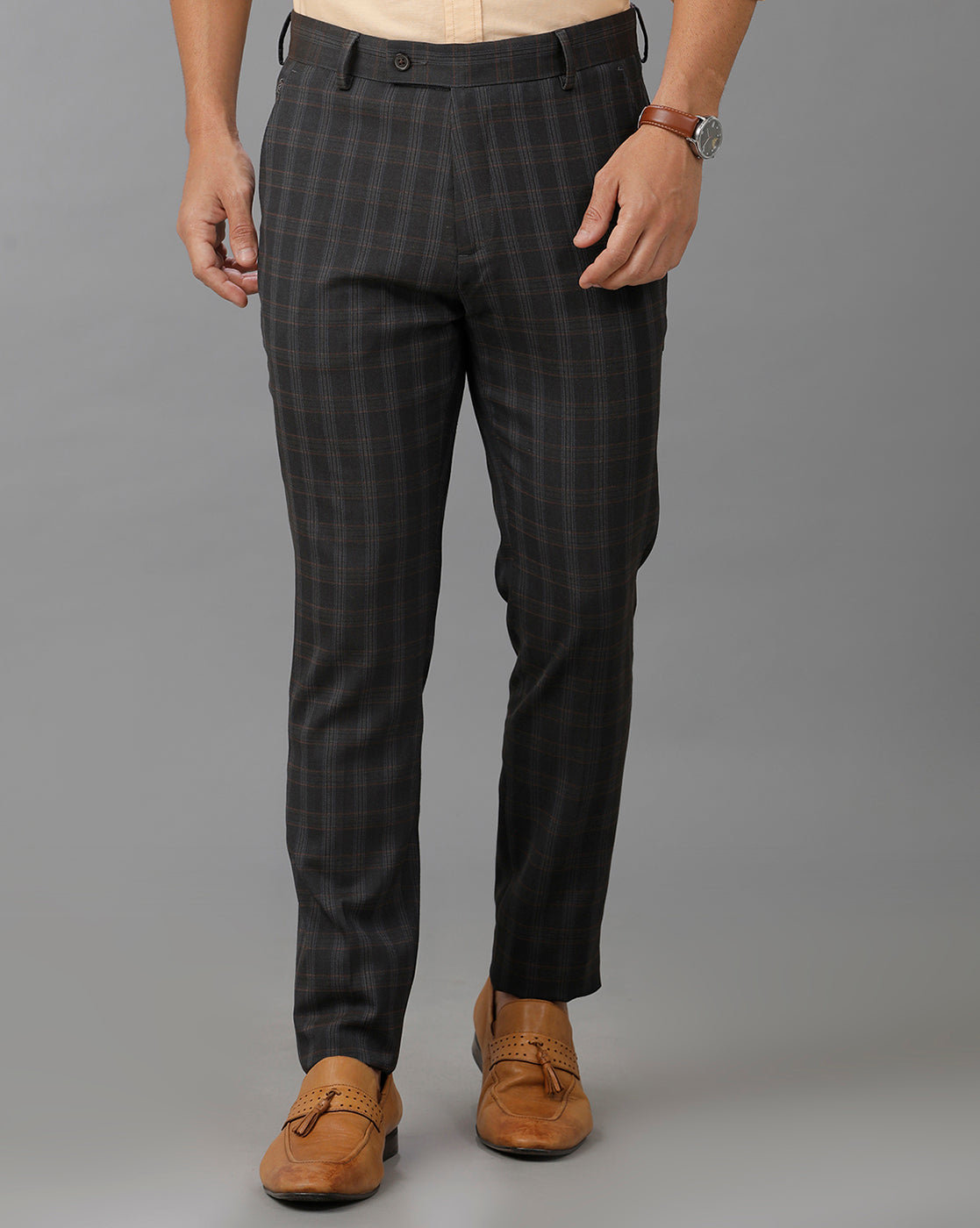 Brown Formal Checks Cotton Lycra Trouser