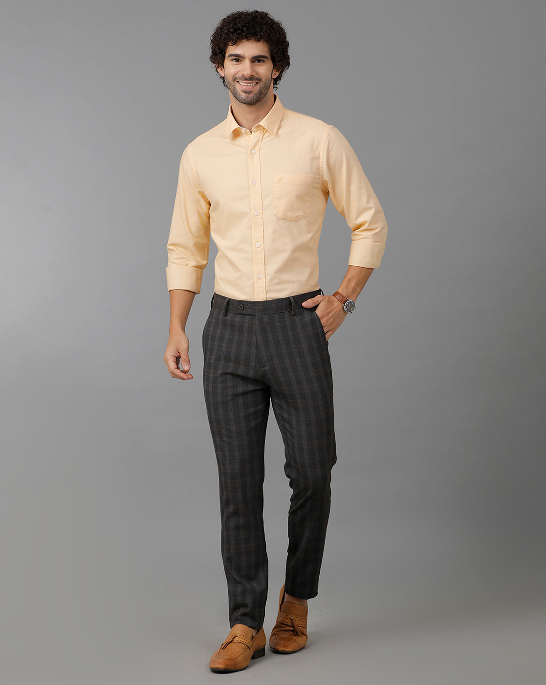 Brown Formal Checks Cotton Lycra Trouser