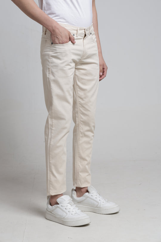Cream Solid Casual Cotton Trouser