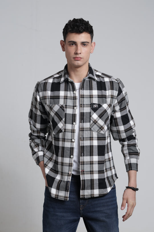 Mens Pointed Collar Long Sleeves Checks Shirt
