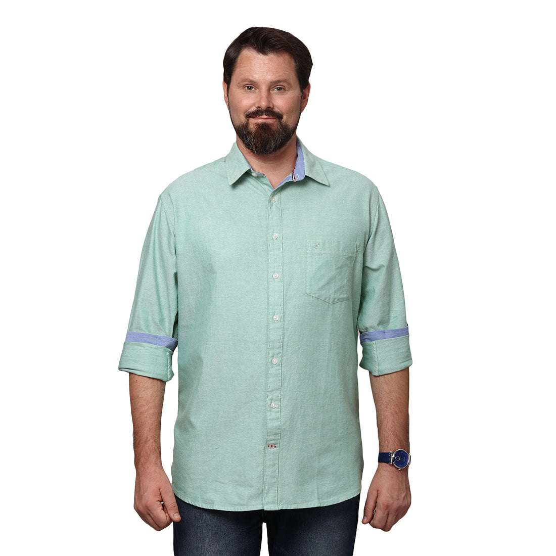 Big & Bold Solid Green Full Sleeves Slim Fit Casual Shirts (Plus Size) - Double Two