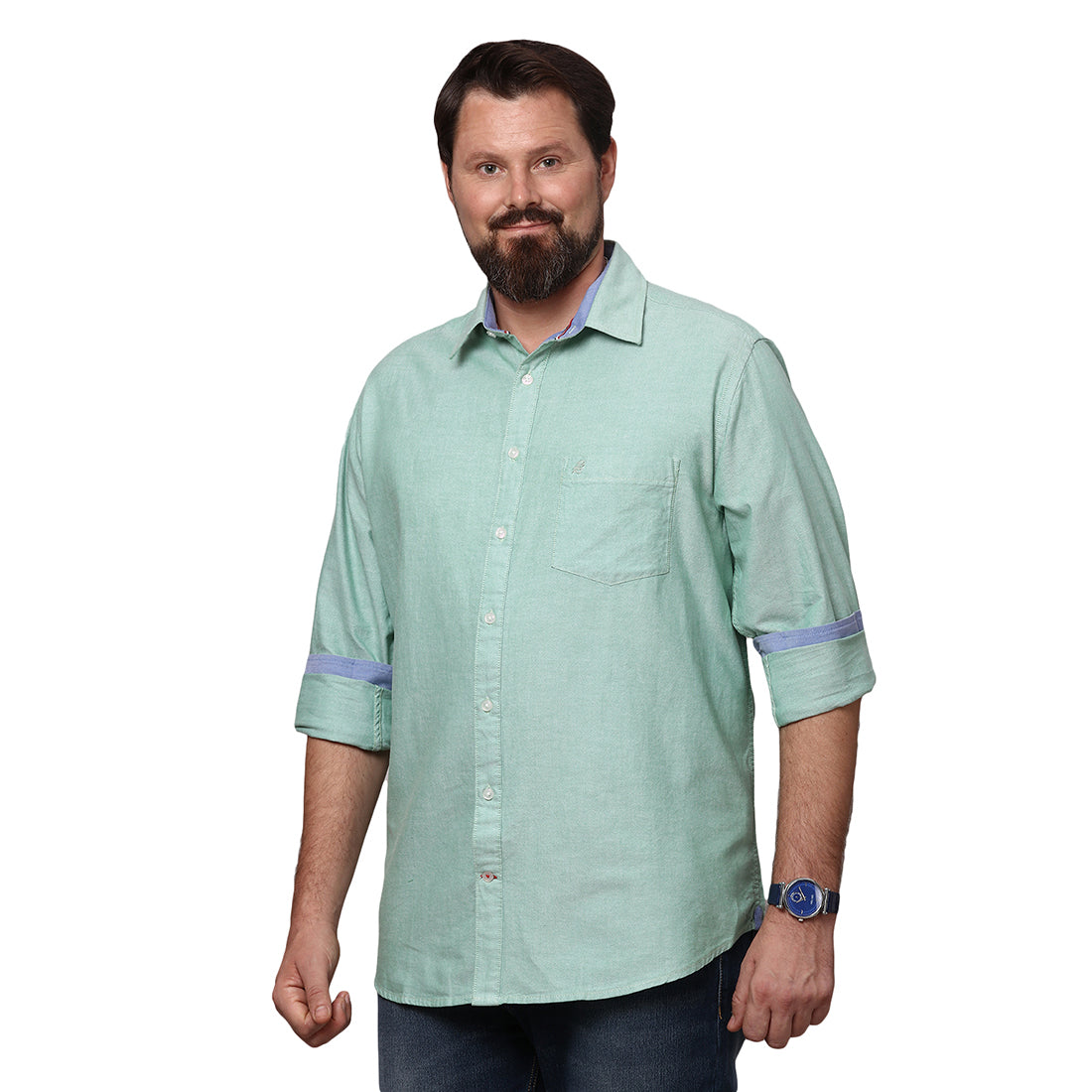 Big & Bold Oxford Pista Green Solid Slim Fit Casual Shirts (Plus Size) - Double Two