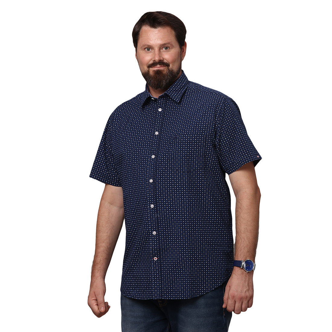 Big & Bold Print Navy Blue Half Sleeves Slim Fit Casual Shirts (Plus Size) - Double Two