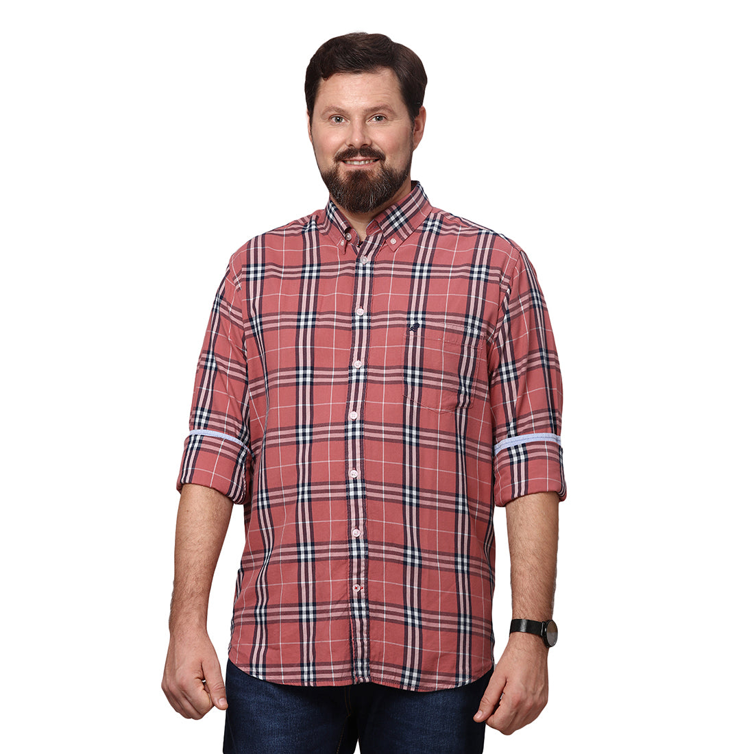Big & Bold Checks Rust Full Sleeves Slim Fit Casual Shirts (Plus Size) - Double Two