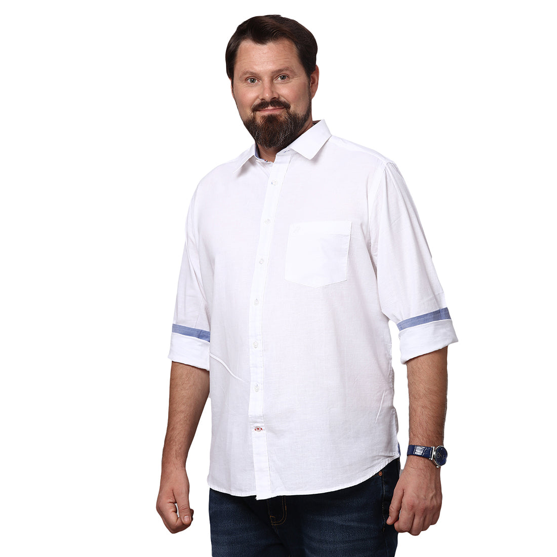 Big & Bold Solid White Full Sleeves Slim Fit Casual Shirts (Plus Size) - Double Two