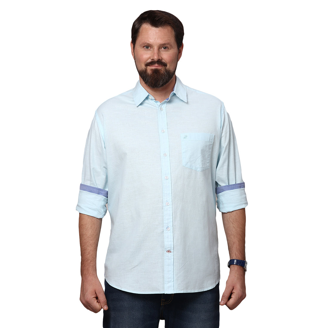 Big & Bold Solid Sky Blue Full Sleeves Slim Fit Casual Shirts (Plus Size) - Double Two