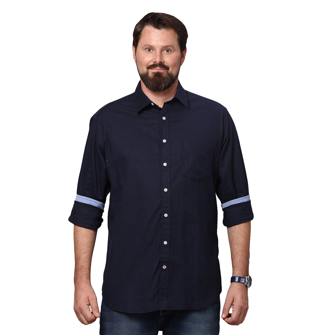 Big & Bold Solid Navy Blue Full Sleeves Slim Fit Casual Shirts (Plus Size) - Double Two