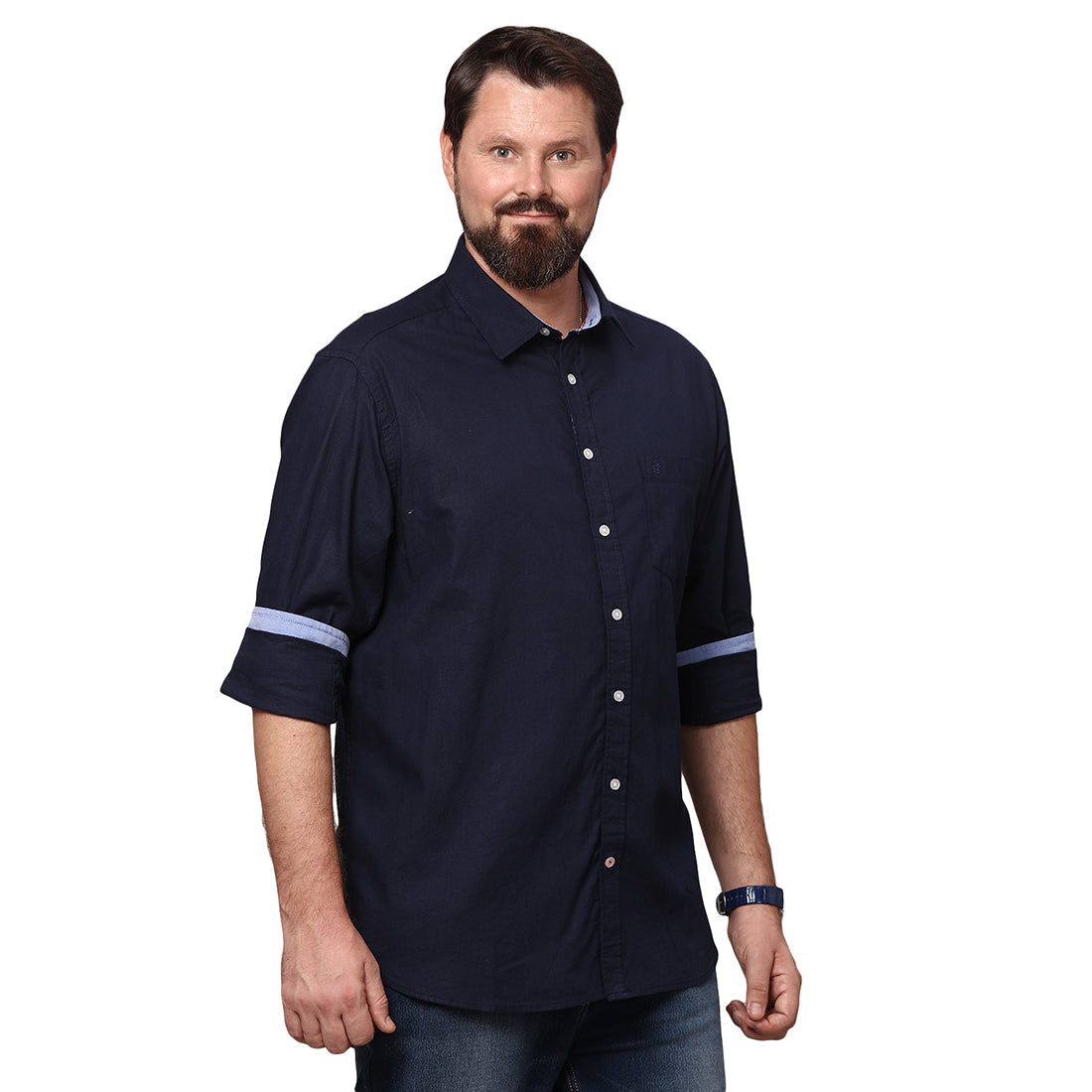 Big & Bold Solid Navy Blue Full Sleeves Slim Fit Casual Shirts (Plus Size) - Double Two