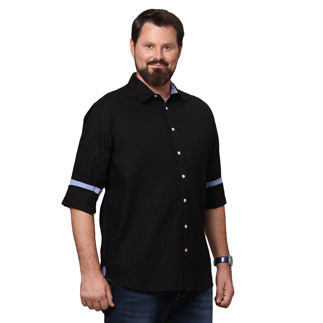 Big & Bold Solid Black Full Sleeves Slim Fit Casual Shirts (Plus Size) - Double Two