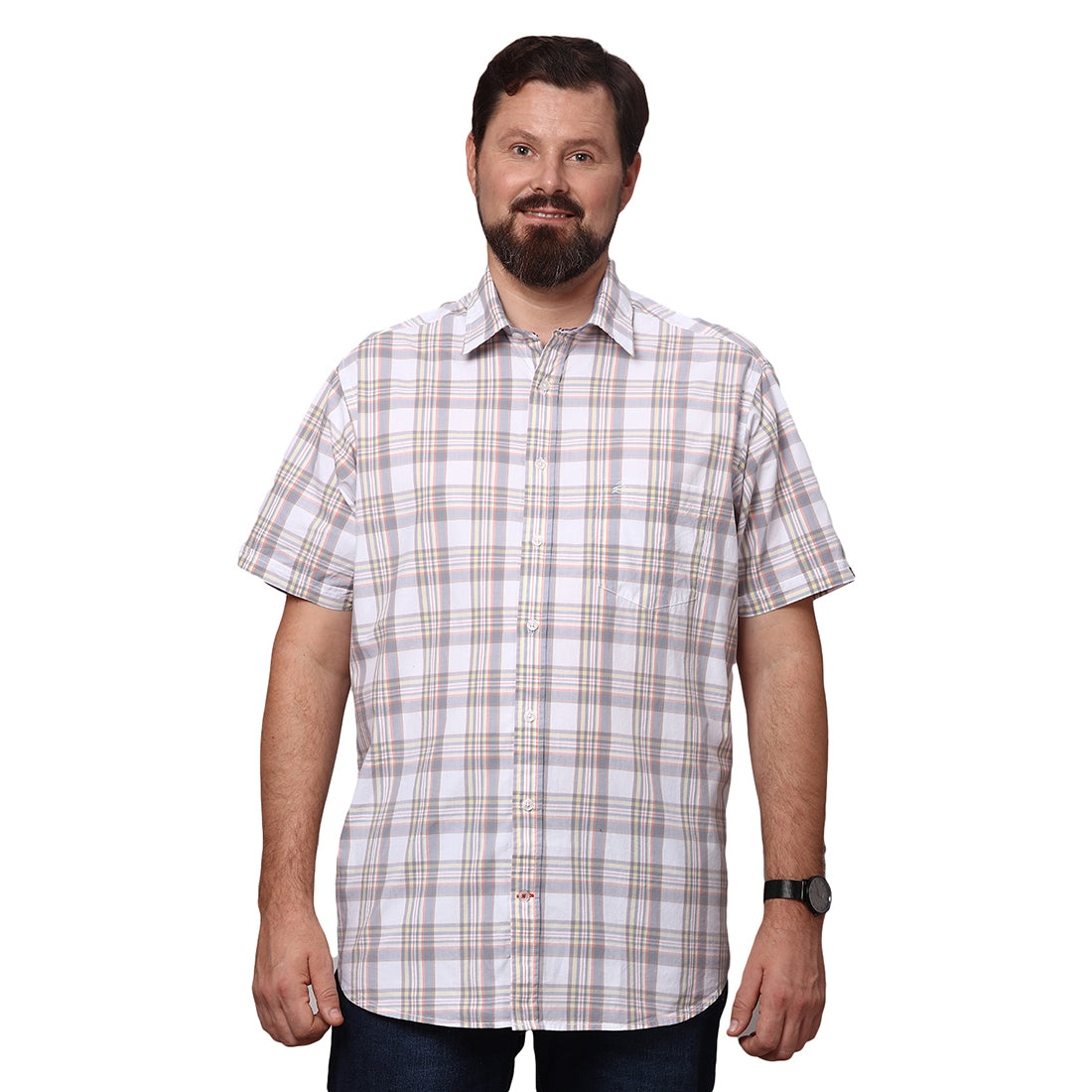 Big & Bold Checks Cream Half Sleeves Slim Fit Casual Shirts (Plus Size) - Double Two