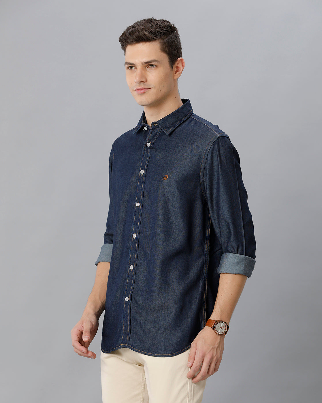 Deep Indigo Blue Indigo Solid Casual Shirt - Double Two