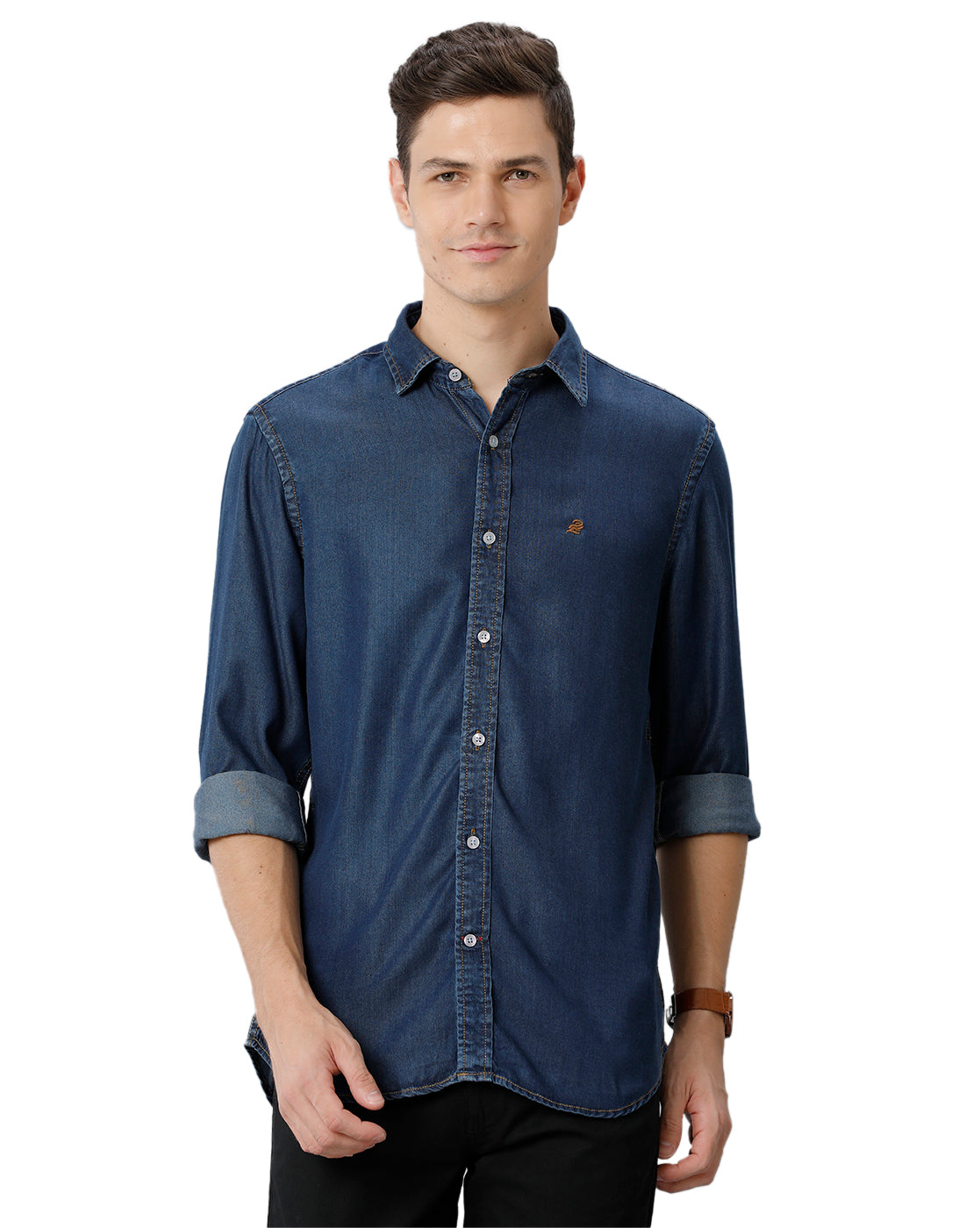 Mid Indigo Blue Solid Denim Shirt - Double Two