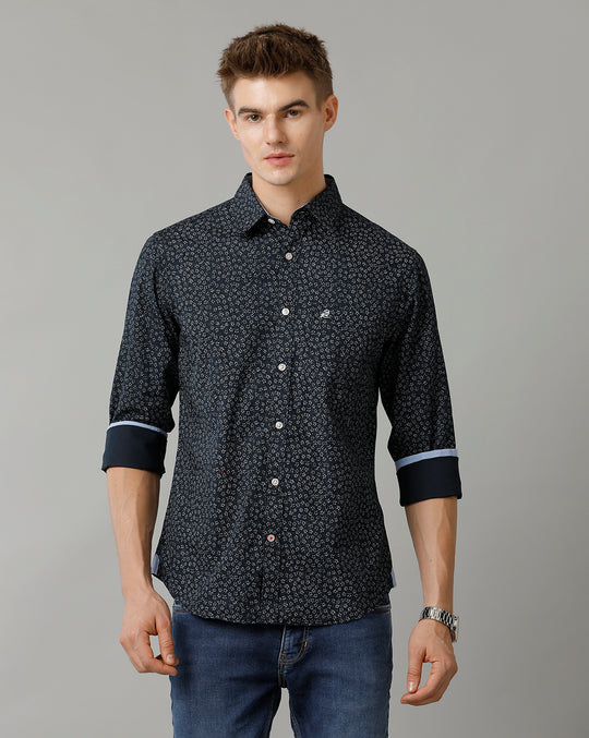 Double Two Men's Navy White Popling Printed Cotton Shirt