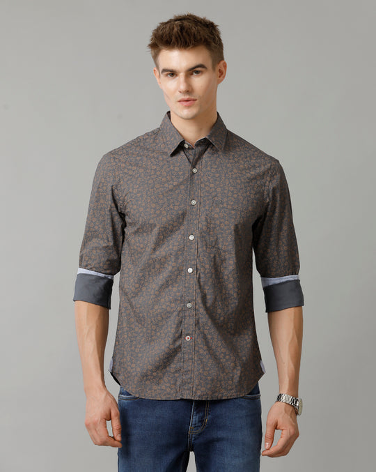 Double Two Men's Cotton Printed Dark grey Shirt