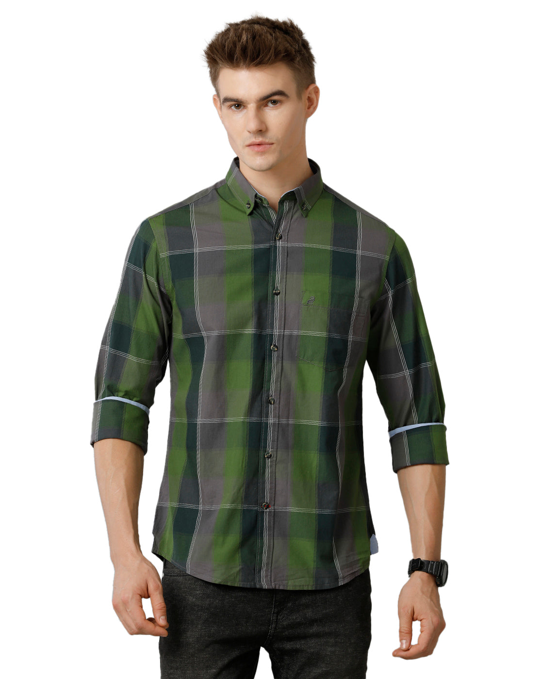 Double Two Men's Cotton Green Checks Shirt