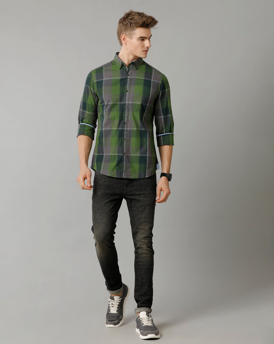 Double Two Men's Cotton Green Checks Shirt