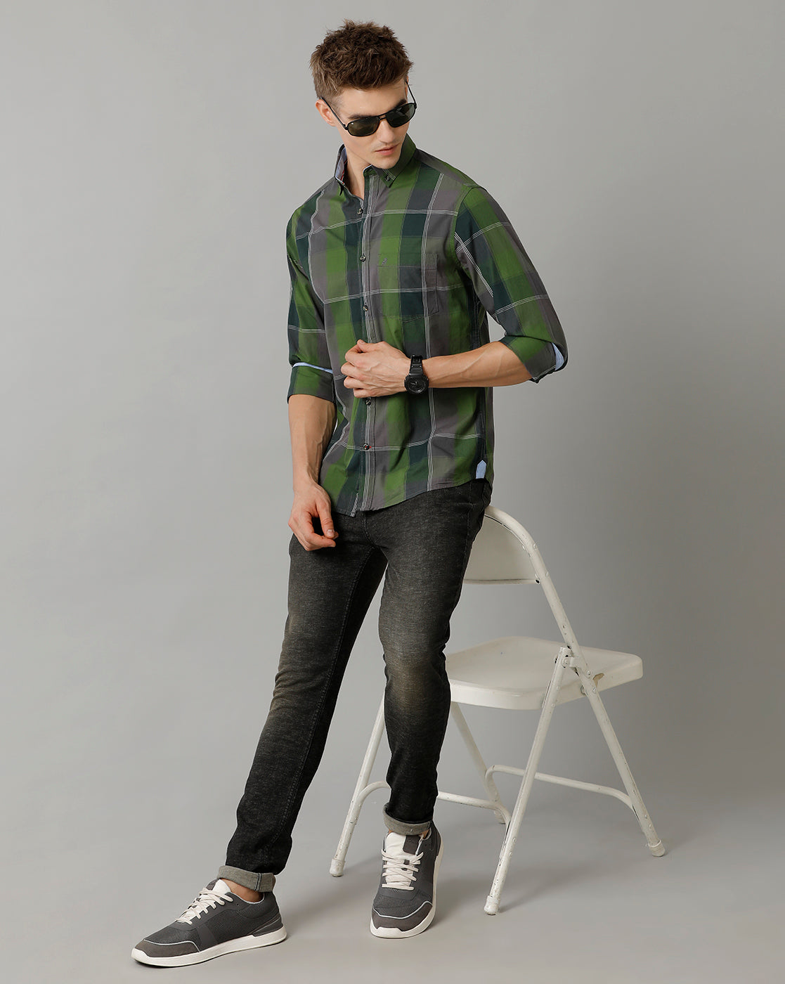 Double Two Men's Cotton Green Checks Shirt