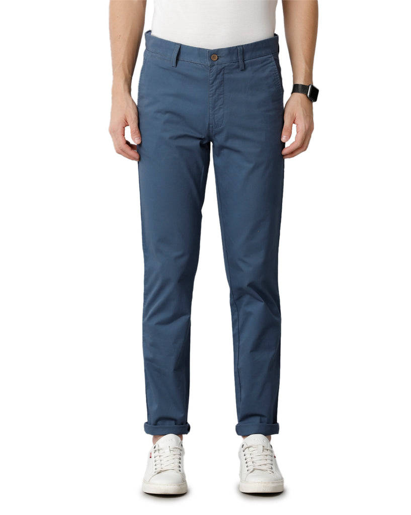 Cambridge Blue Solid Casual Cotton Trouser – Double Two