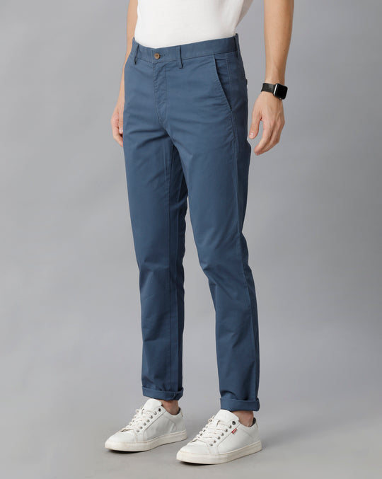 Teal Blue Solid Casual Cotton Trouser
