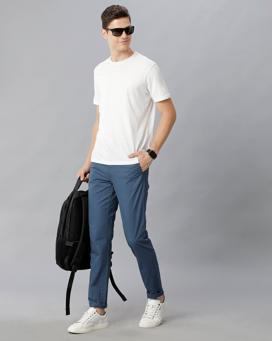 Teal Blue Solid Casual Cotton Trouser - Double Two