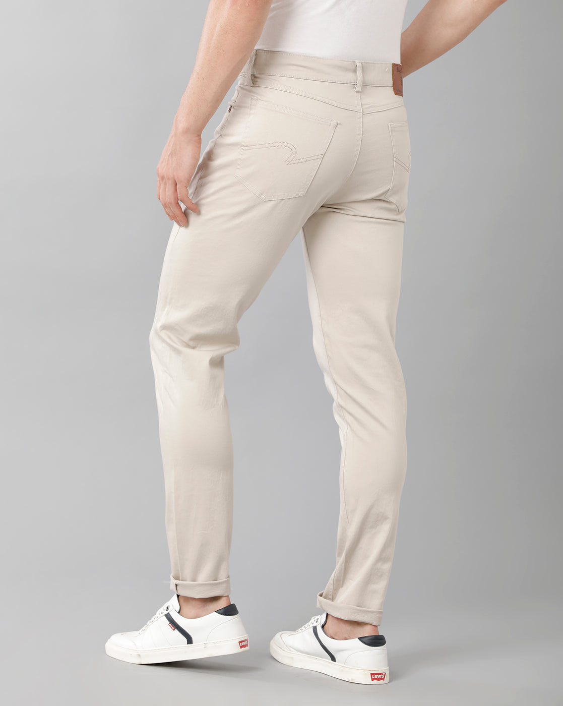 Cream Solid Casual Cotton Trouser - Double Two