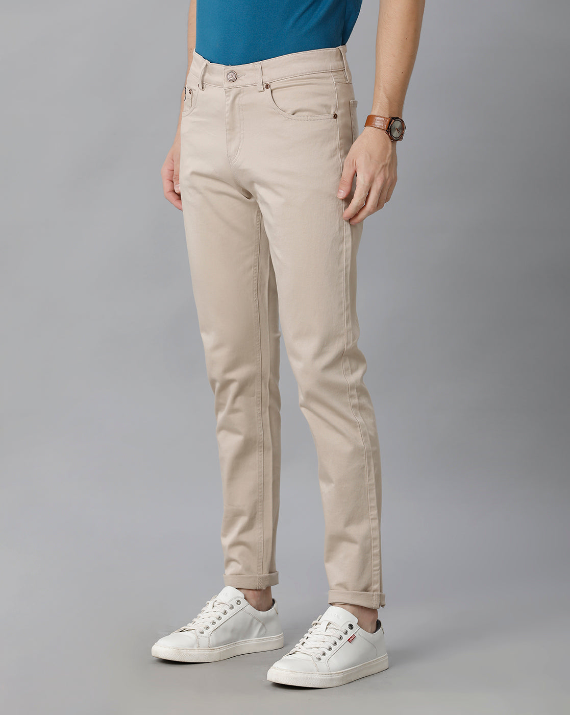 Sand Solid Casual Cotton Trouser - Double Two