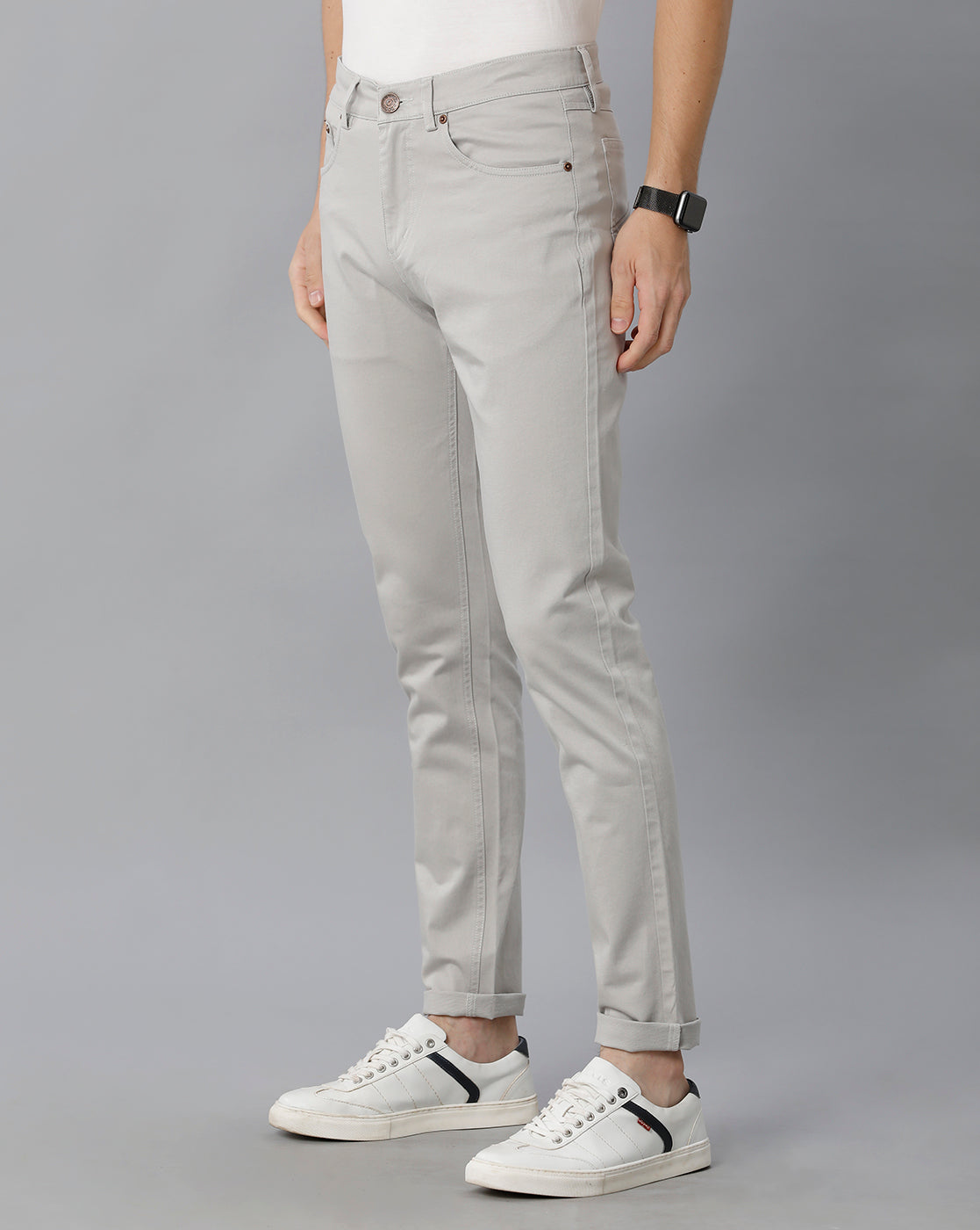 Silver Solid Casual Cotton Trouser - Double Two
