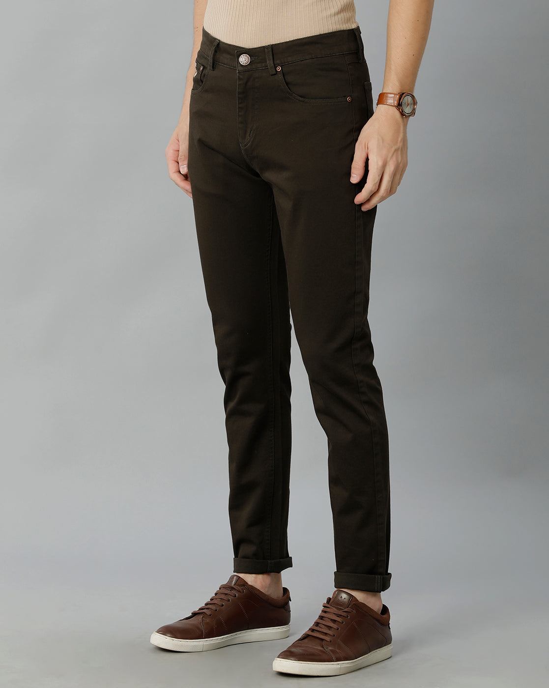 Dark Olive Solid Casual Cotton Trouser - Double Two