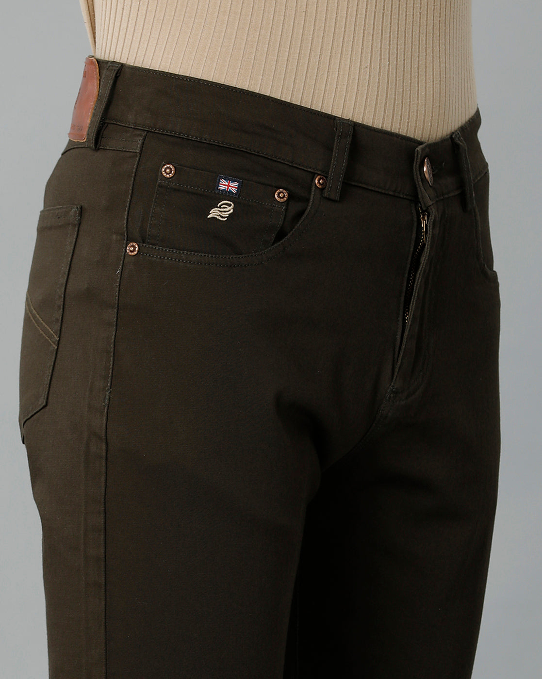 Dark Olive Solid Casual Cotton Trouser - Double Two