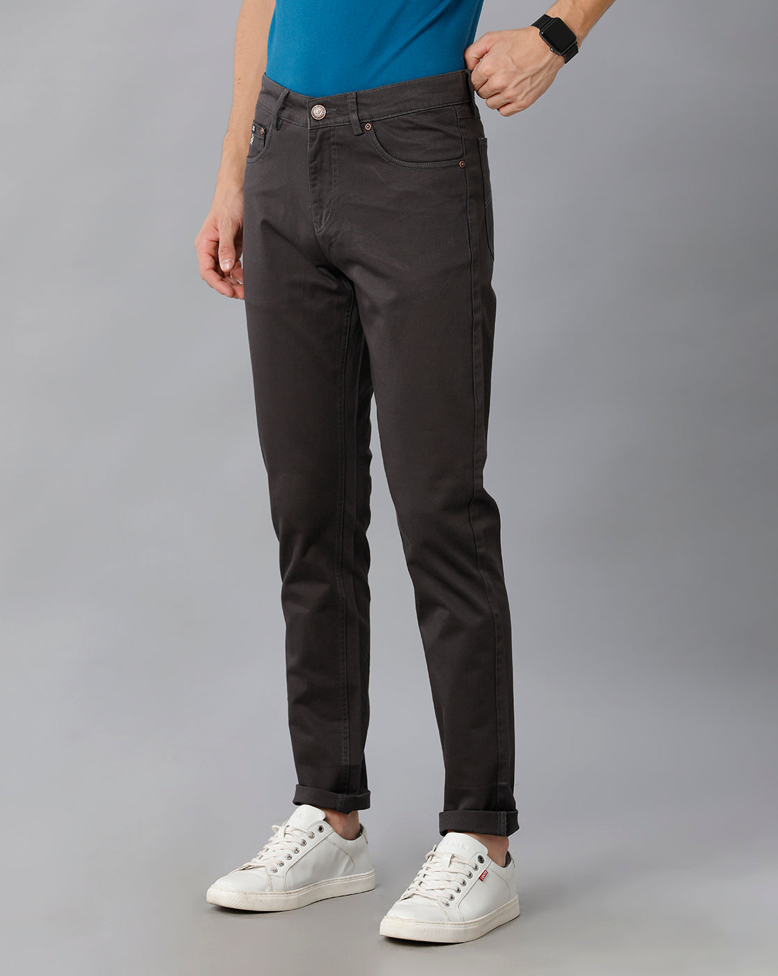 Grey Solid Casual Cotton Trouser