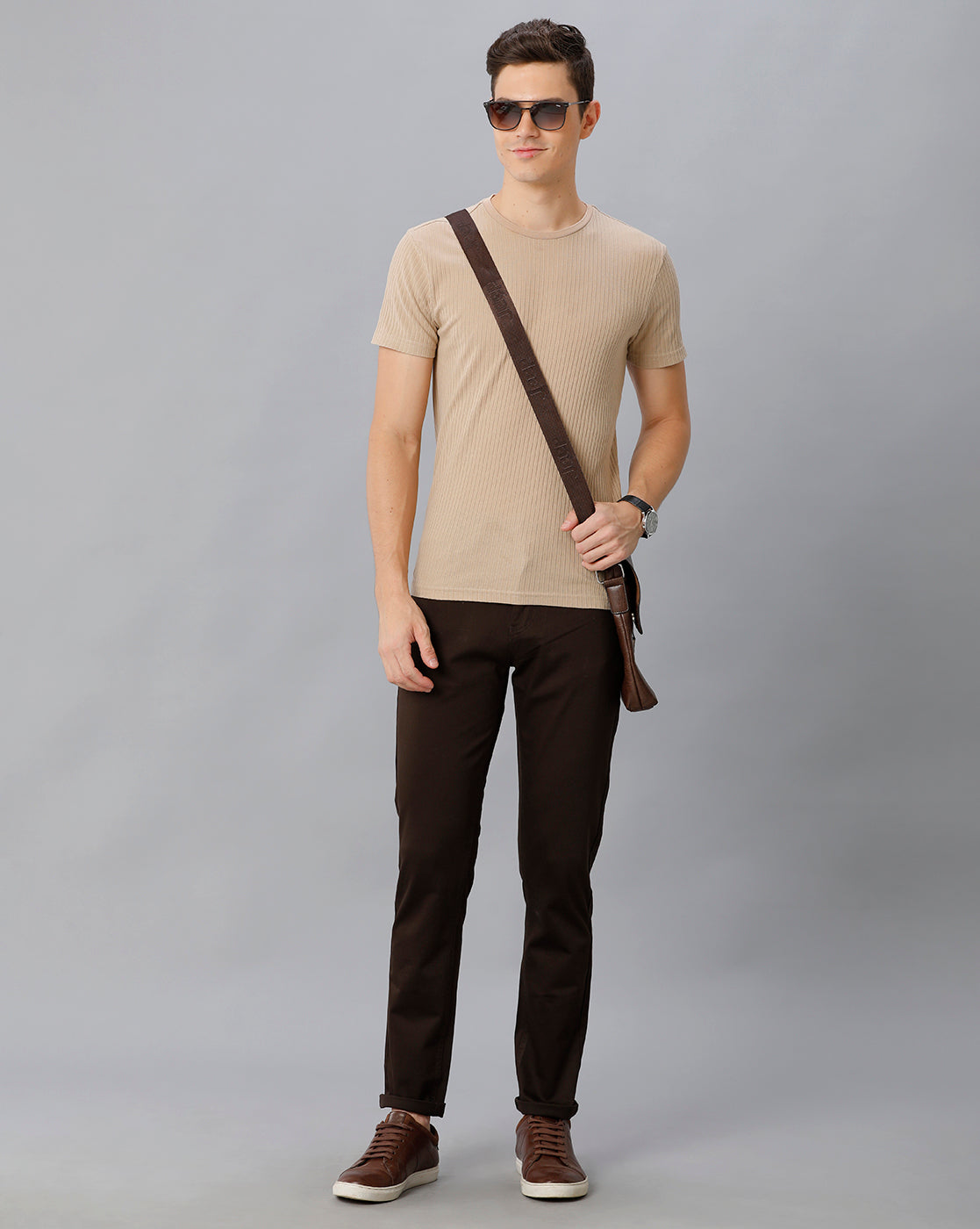 Dark Brown Solid Casual Cotton Trouser - Double Two