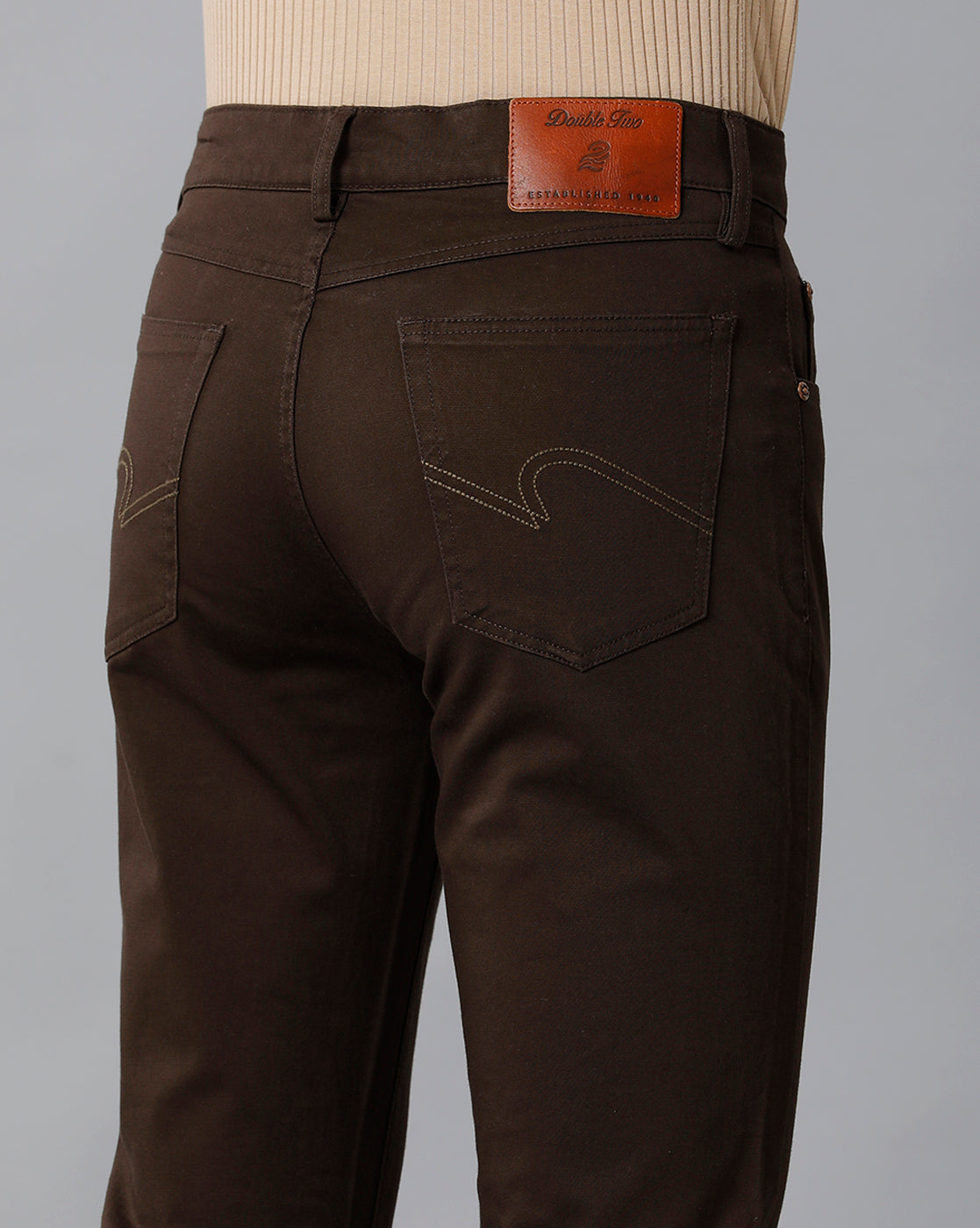 Dark Brown Solid Casual Cotton Trouser - Double Two