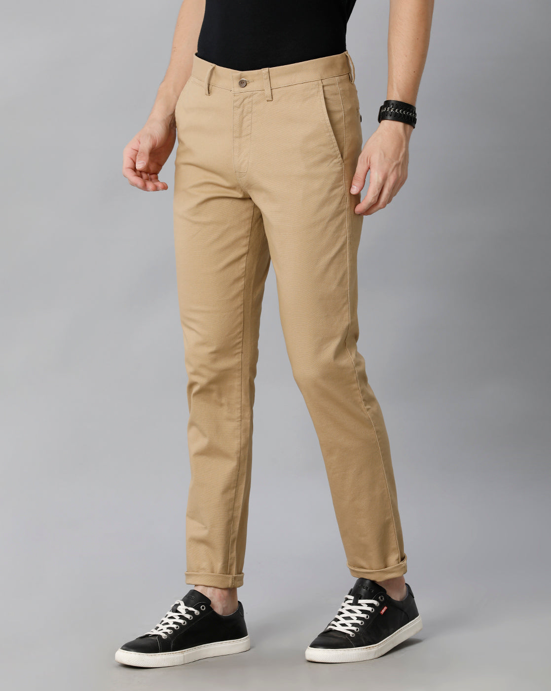 Beige Solid Casual Cotton Trouser - Double Two