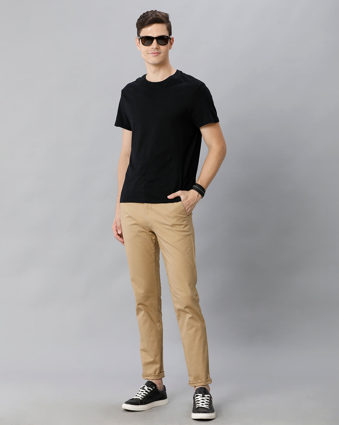Beige Solid Casual Cotton Trouser - Double Two