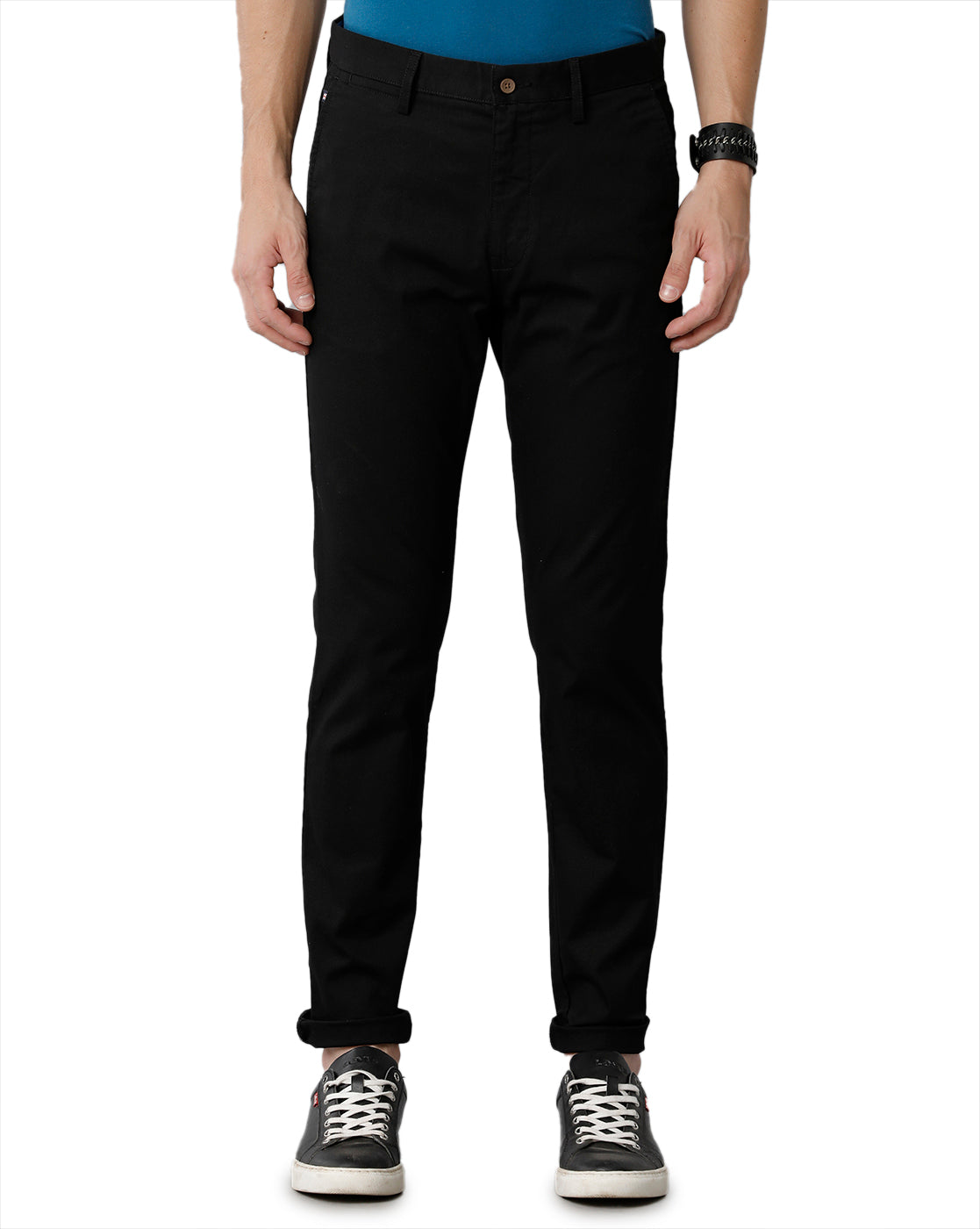 Black Dobby Solid Casual Cotton Trouser - Double Two