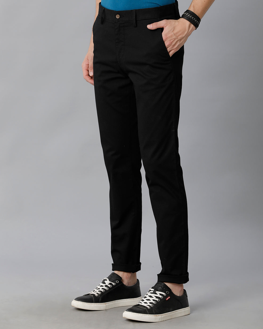 Black Dobby Solid Casual Cotton Trouser - Double Two