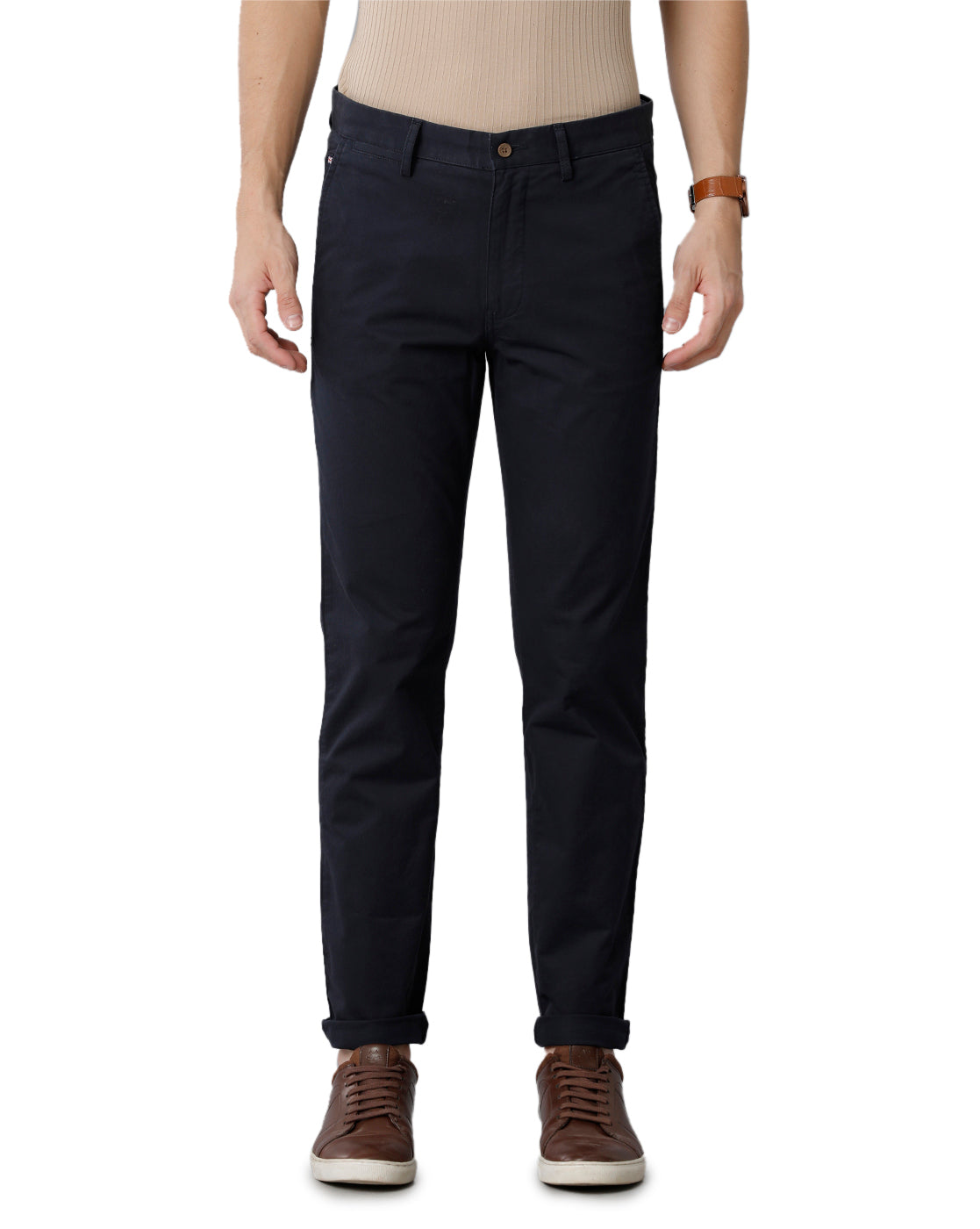 Navy Blue Solid Casual Cotton Trouser - Double Two