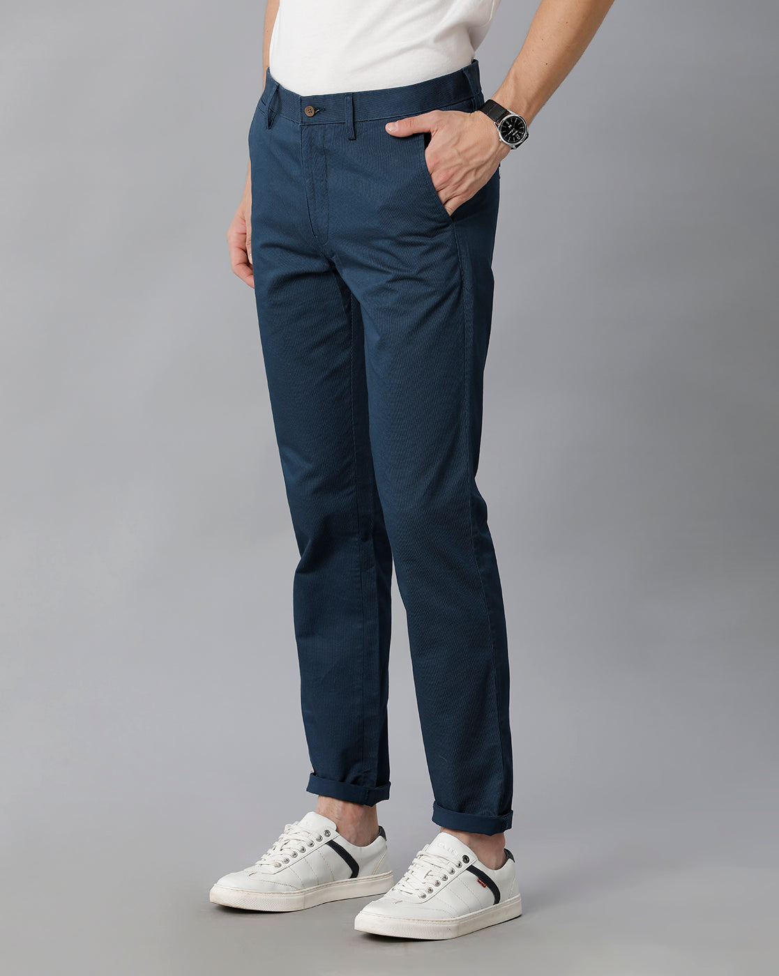 Capri Blue Solid Casual Cotton Trouser - Double Two