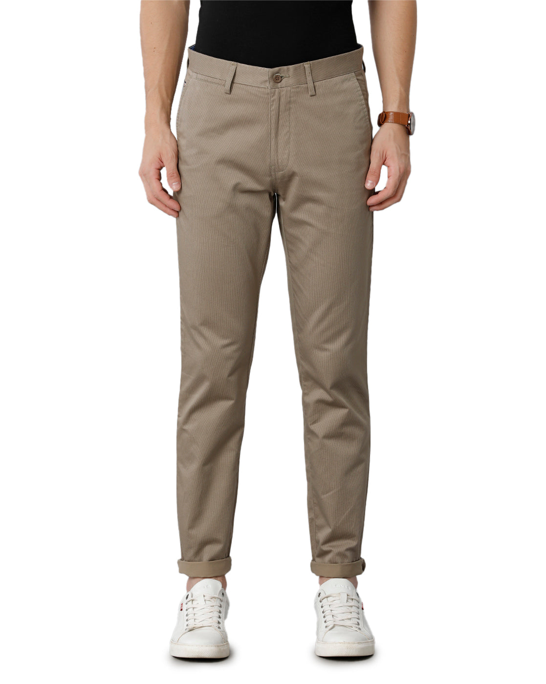 Dark Sand Solid Casual Cotton Trouser - Double Two