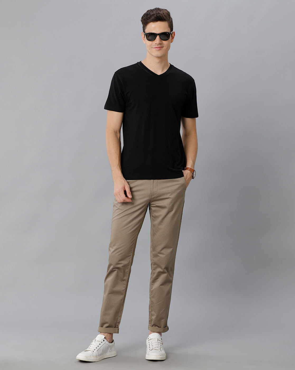 Dark Sand Solid Casual Cotton Trouser - Double Two