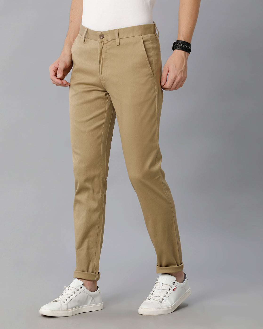 Khaki Solid Casual Cotton Trouser