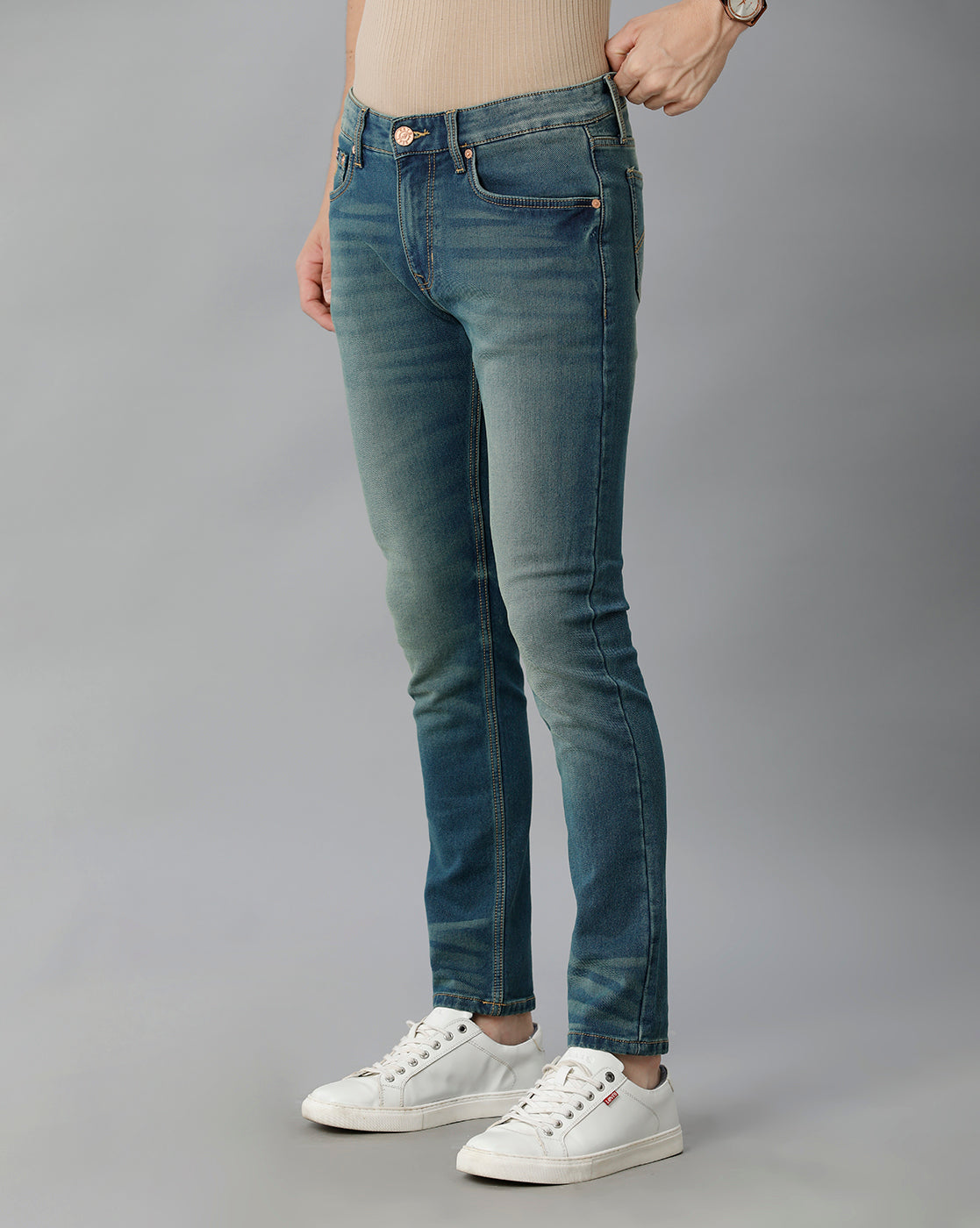 Mid Blue Whisker Brushed Tinted Casual Denim - Double Two