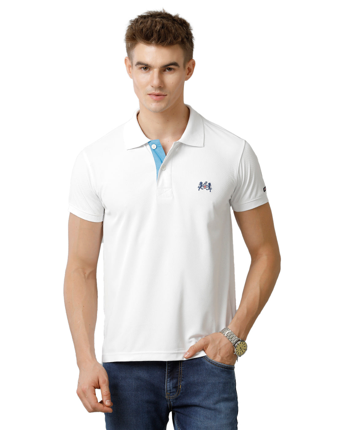 Double Two White  Solid Polo Half Sleeve T-Shirt