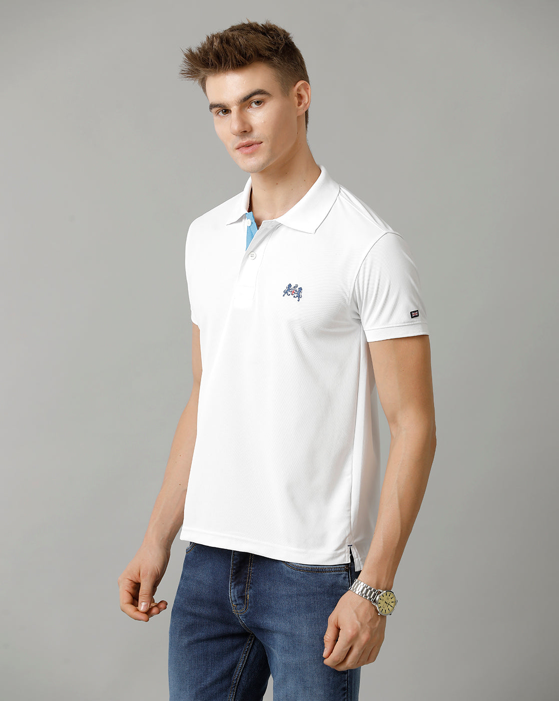 Double Two White  Solid Polo Half Sleeve T-Shirt